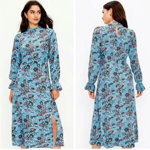 LOFT Bouquet Mock neckline MIDI dress paisley cendre blue NWT L/S zipped back 10